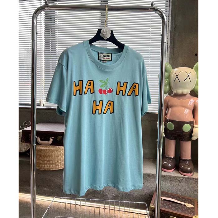G*u*i men gg ha ha ha cherry t-shirt light blue medium cotton jersey crewneck