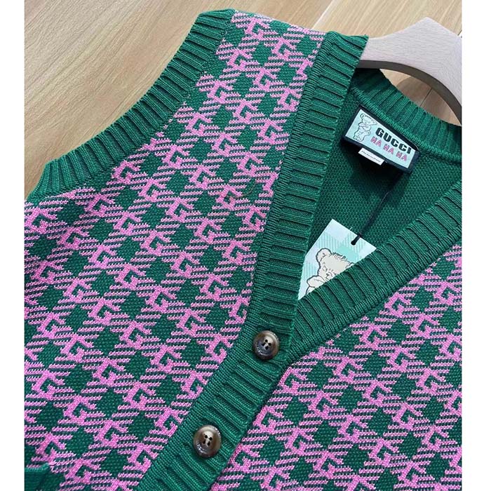 G*u*i women gg ha ha ha square g vest green pink wool jacquard v-neck sleeveless