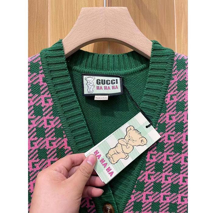 G*u*i women gg ha ha ha square g vest green pink wool jacquard v-neck sleeveless