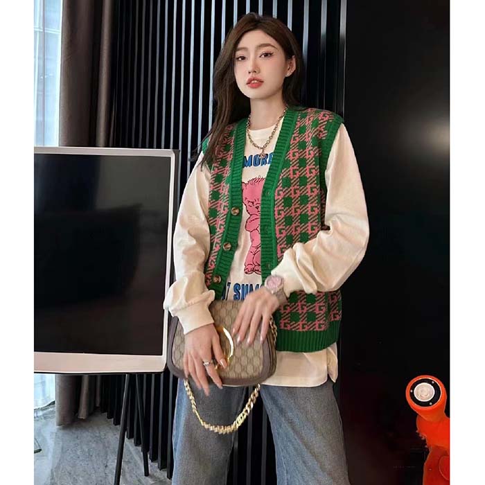 G*u*i women gg ha ha ha square g vest green pink wool jacquard v-neck sleeveless