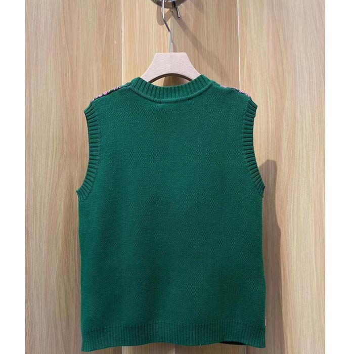 G*u*i women gg ha ha ha square g vest green pink wool jacquard v-neck sleeveless