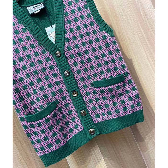 G*u*i women gg ha ha ha square g vest green pink wool jacquard v-neck sleeveless