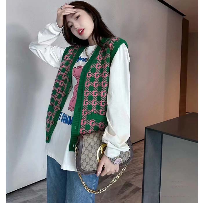G*u*i women gg ha ha ha square g vest green pink wool jacquard v-neck sleeveless