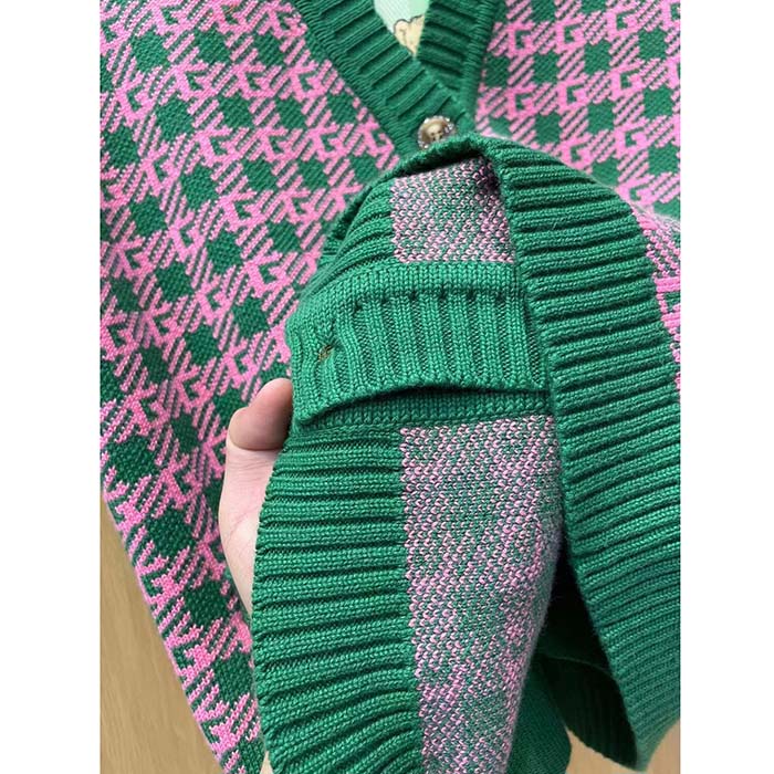 G*u*i women gg ha ha ha square g vest green pink wool jacquard v-neck sleeveless