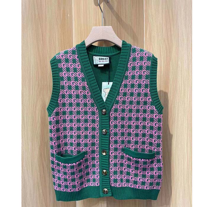 G*u*i women gg ha ha ha square g vest green pink wool jacquard v-neck sleeveless