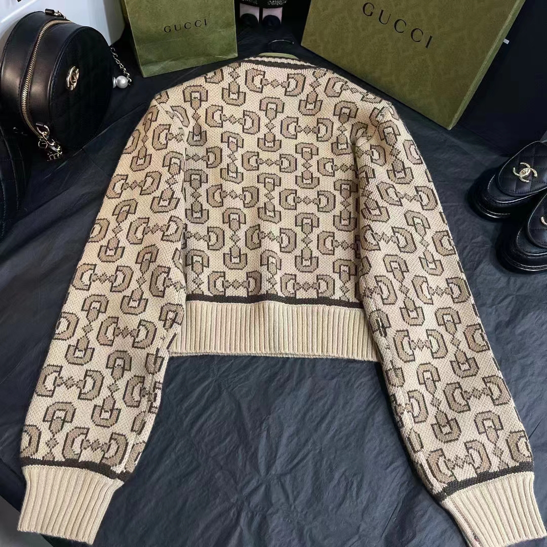 G*u*i women gg horsebit cashmere jacquard sweater camel brown wool crewneck
