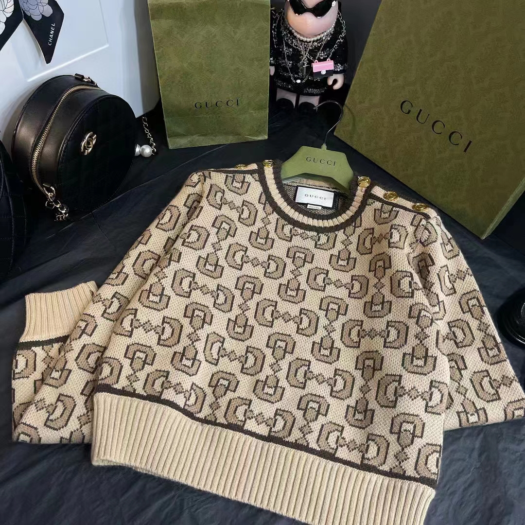 G*u*i women gg horsebit cashmere jacquard sweater camel brown wool crewneck