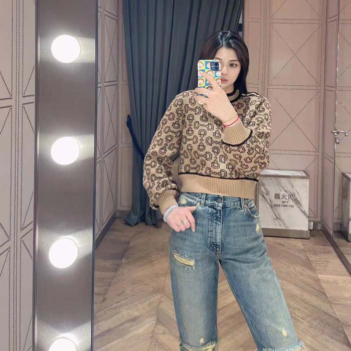 G*u*i women gg horsebit cashmere jacquard sweater camel brown wool crewneck