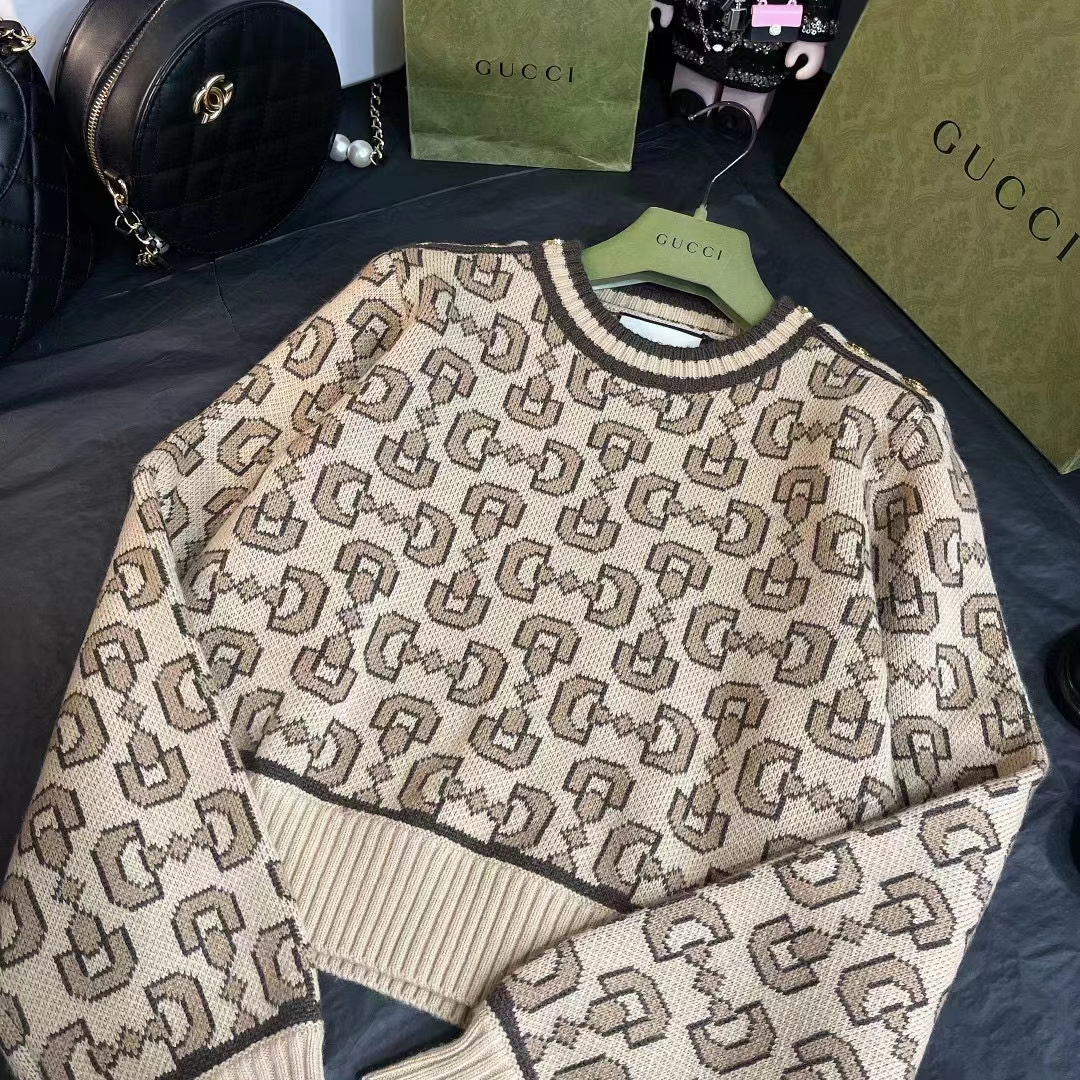 G*u*i women gg horsebit cashmere jacquard sweater camel brown wool crewneck