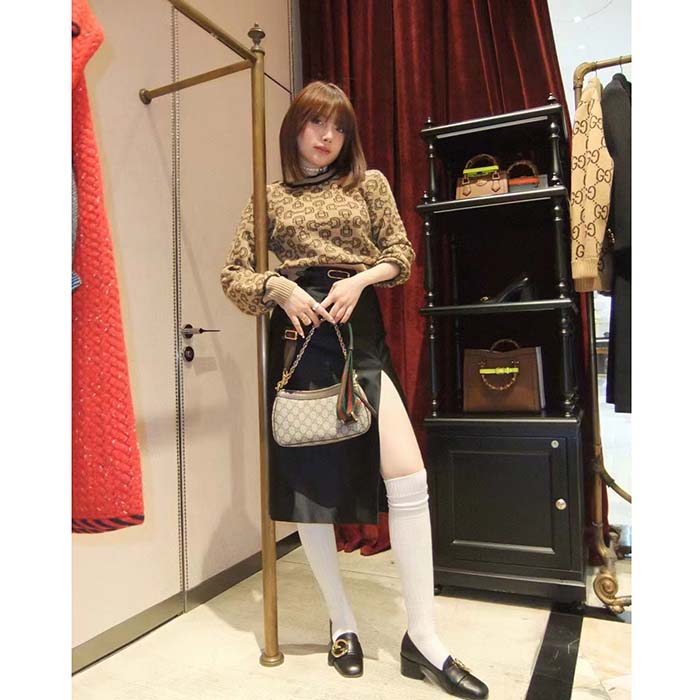 G*u*i women gg horsebit cashmere jacquard sweater camel brown wool crewneck