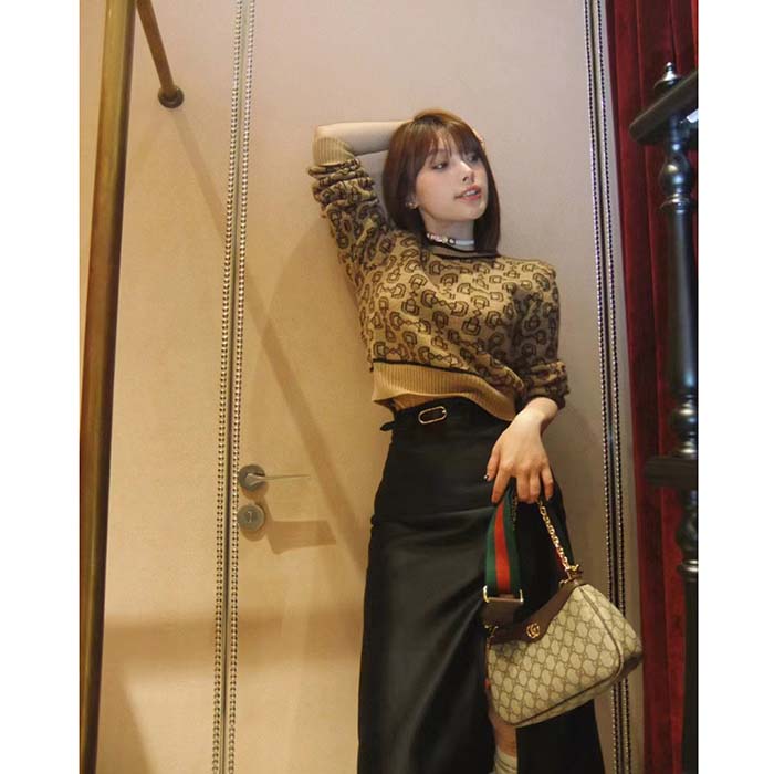 G*u*i women gg horsebit cashmere jacquard sweater camel brown wool crewneck