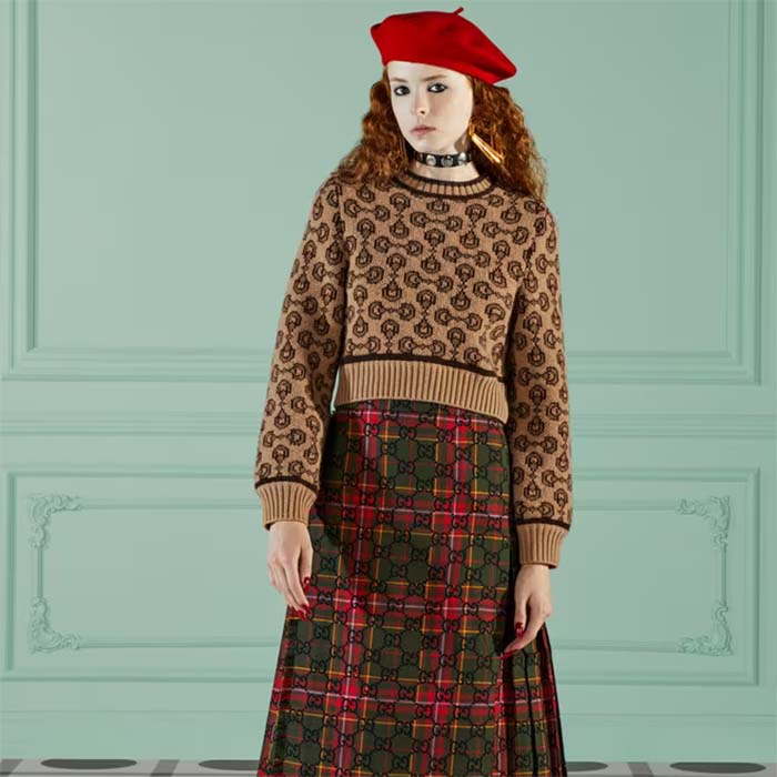 G*u*i women gg horsebit cashmere jacquard sweater camel brown wool crewneck