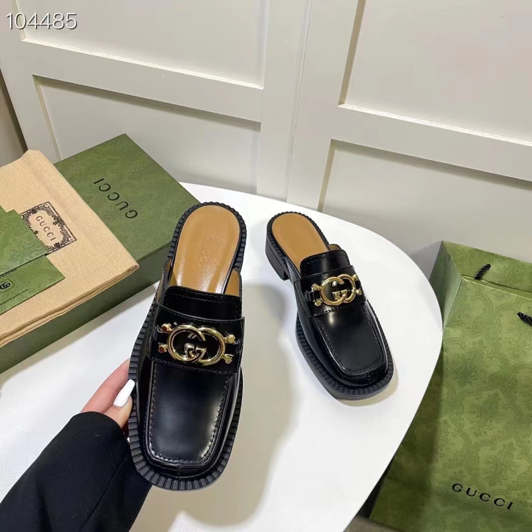 G*u*i women gg slipper interlocking g black leather low 2.5 cm heel