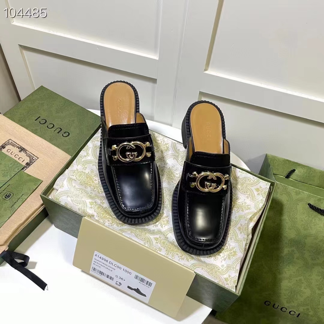 G*u*i women gg slipper interlocking g black leather low 2.5 cm heel