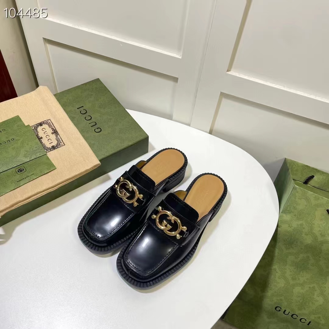 G*u*i women gg slipper interlocking g black leather low 2.5 cm heel