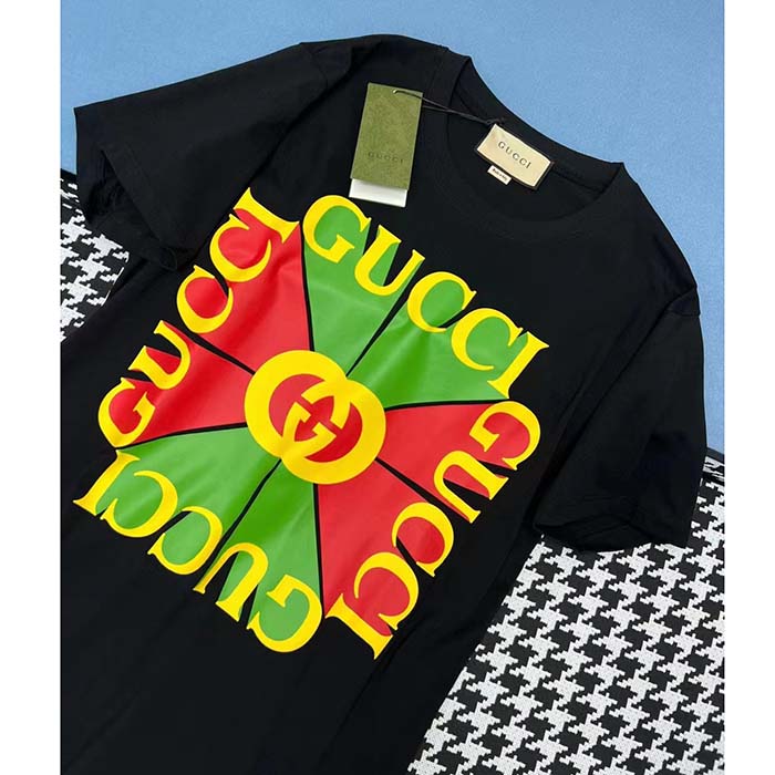 G*u*i men gg vintage logo print t-shirt black cotton jersey crewneck short sleeves