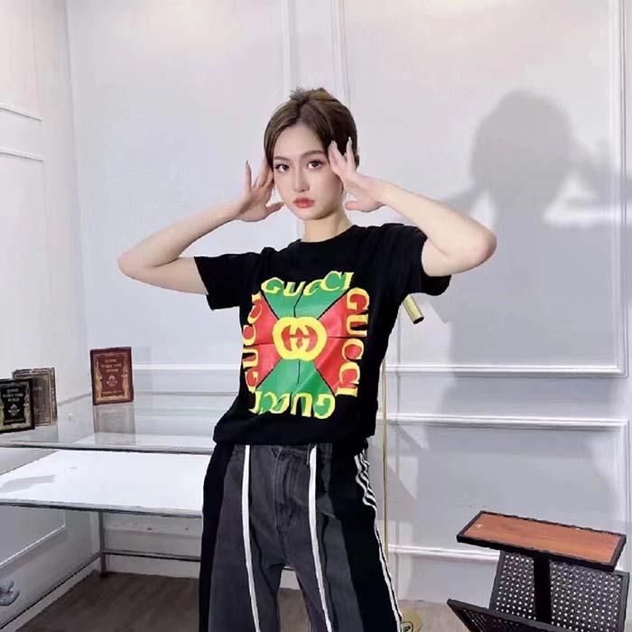 G*u*i women gg vintage logo print t-shirt black cotton jersey crewneck short sleeves