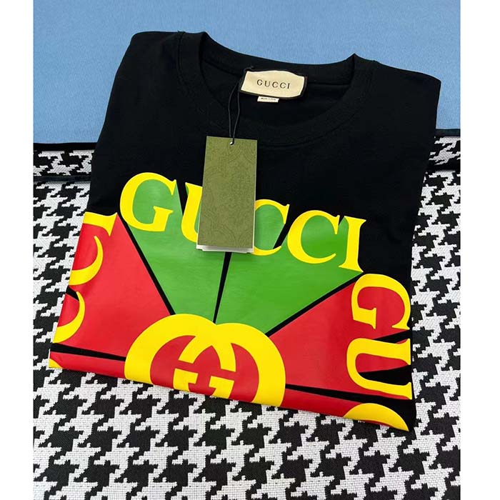 G*u*i men gg vintage logo print t-shirt black cotton jersey crewneck short sleeves
