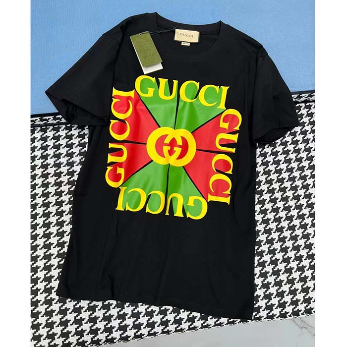 G*u*i men gg vintage logo print t-shirt black cotton jersey crewneck short sleeves