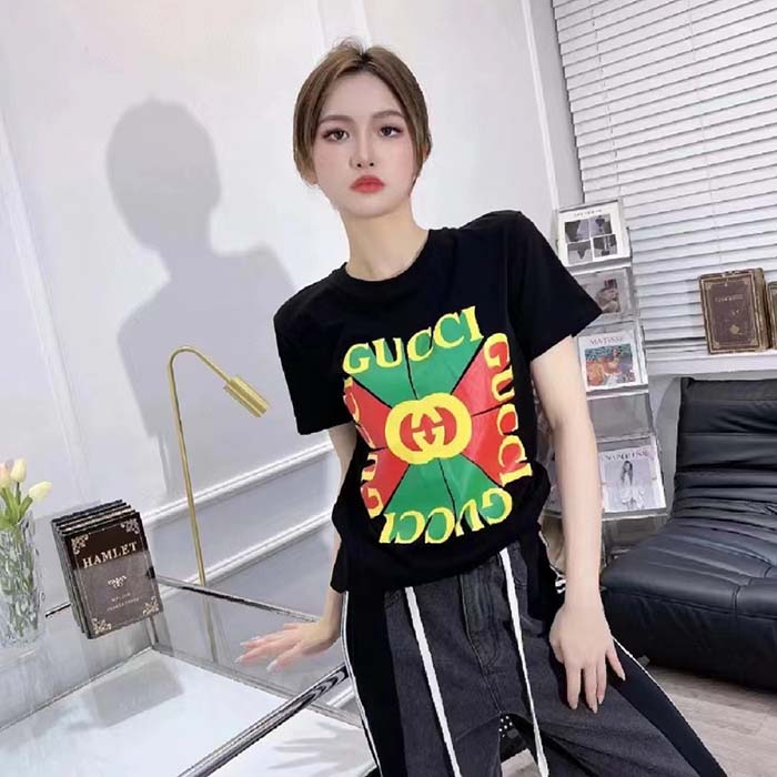 G*u*i women gg vintage logo print t-shirt black cotton jersey crewneck short sleeves
