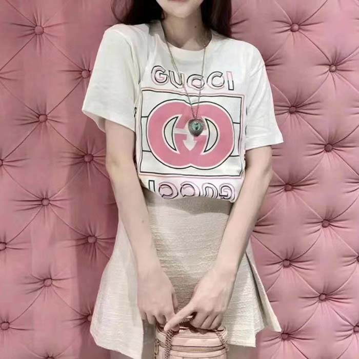 G*u*i women gg vintage logo print t-shirt off white cotton jersey crewneck