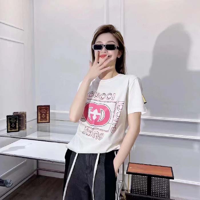 G*u*i women gg vintage logo print t-shirt off white cotton jersey crewneck