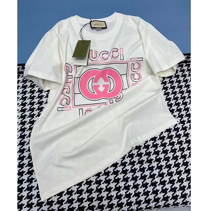 G*u*i women gg vintage logo print t-shirt off white cotton jersey crewneck