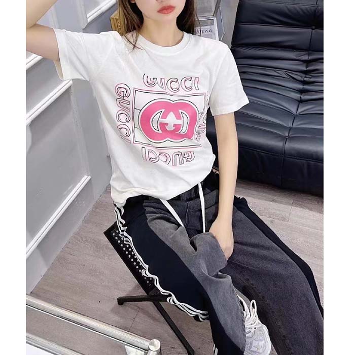 G*u*i women gg vintage logo print t-shirt off white cotton jersey crewneck