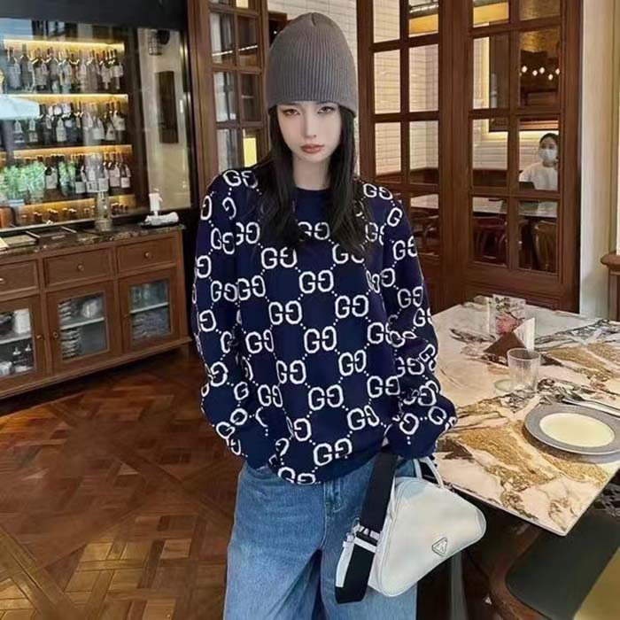 G*u*i women gg wool jacquard sweater blue ivory long sleeves crewneck