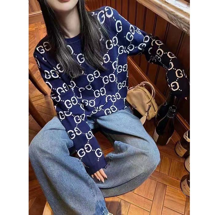 G*u*i women gg wool jacquard sweater blue ivory long sleeves crewneck