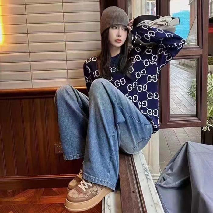 G*u*i women gg wool jacquard sweater blue ivory long sleeves crewneck