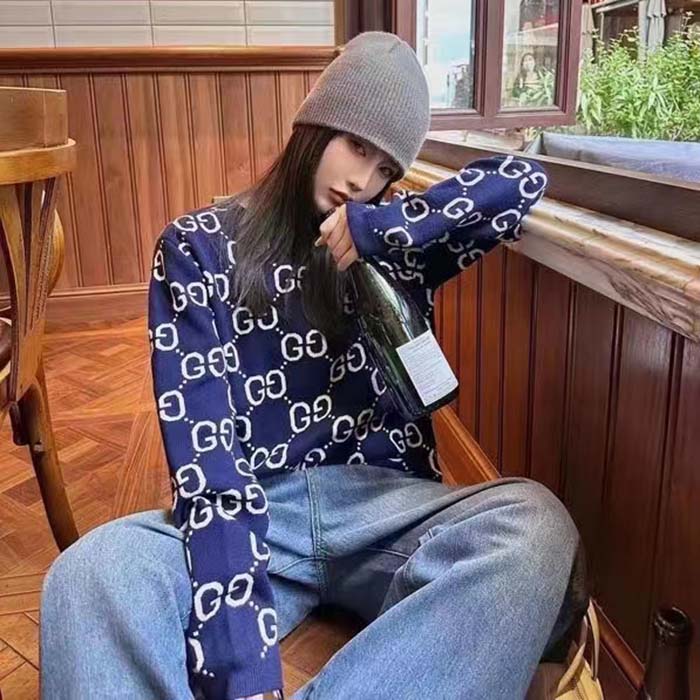 G*u*i women gg wool jacquard sweater blue ivory long sleeves crewneck