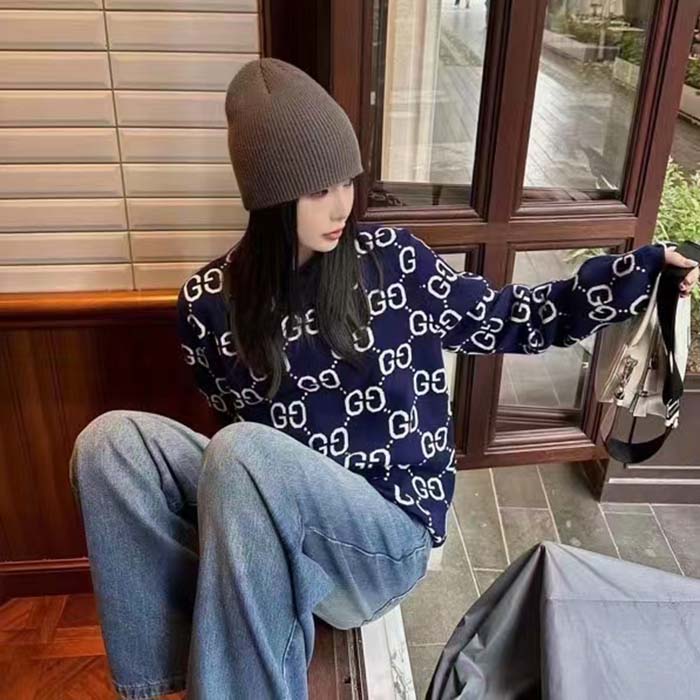 G*u*i women gg wool jacquard sweater blue ivory long sleeves crewneck