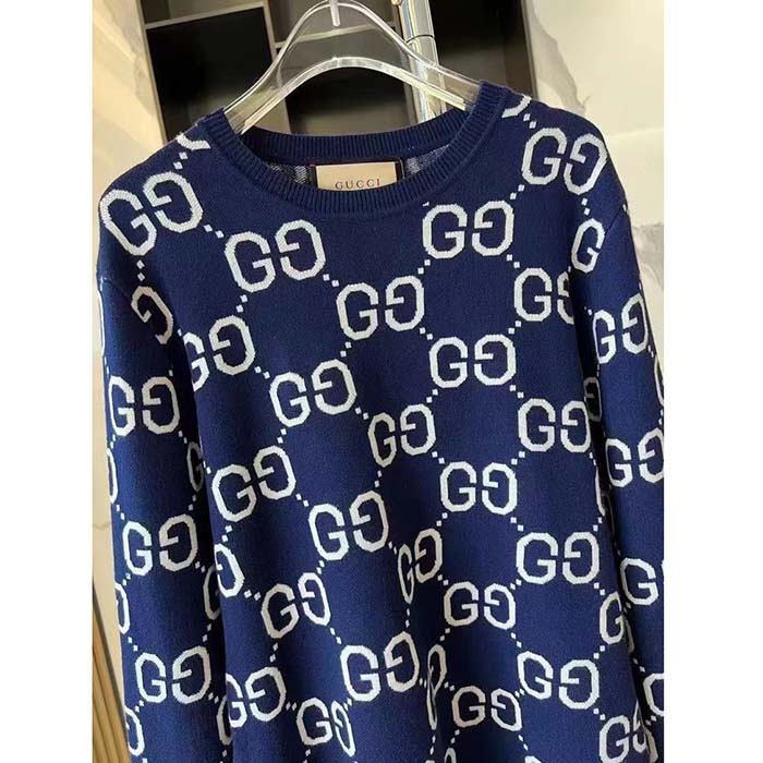 G*u*i women gg wool jacquard sweater blue ivory long sleeves crewneck