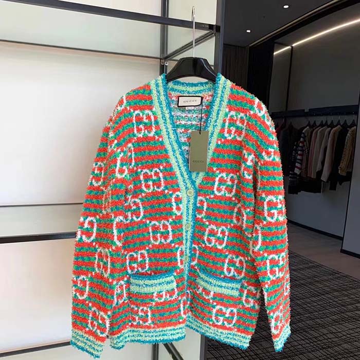 G*u*i men maxi gg cotton cardigan red green long sleeves v-neck