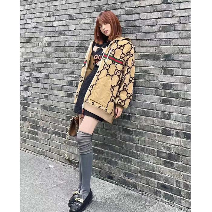 G*u*i women maxi gg wool jersey jacket beige black polyamide polyester