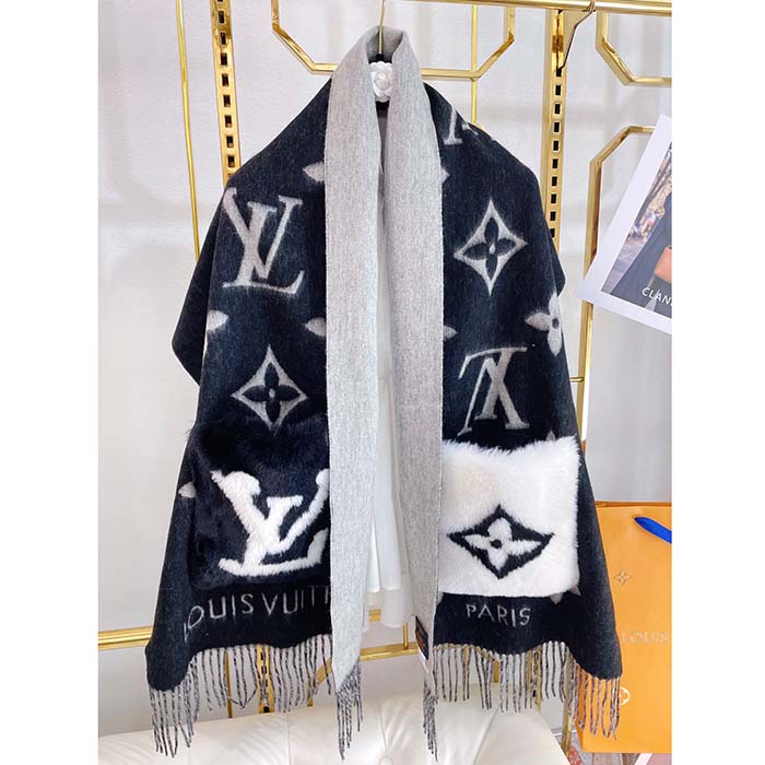 Louis Vuitton LV Unisex Cold Reykjavik Scarf Black Monogram Flowers Cashmere Pockets Mink Fur