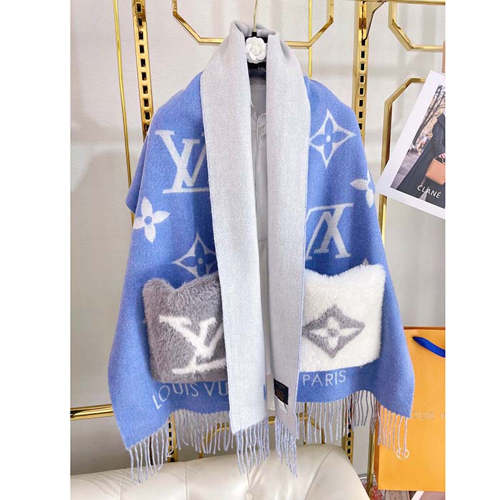 Louis Vuitton LV Unisex Cold Reykjavik Scarf Denim Blue Allover Monogram Flowers Cashmere