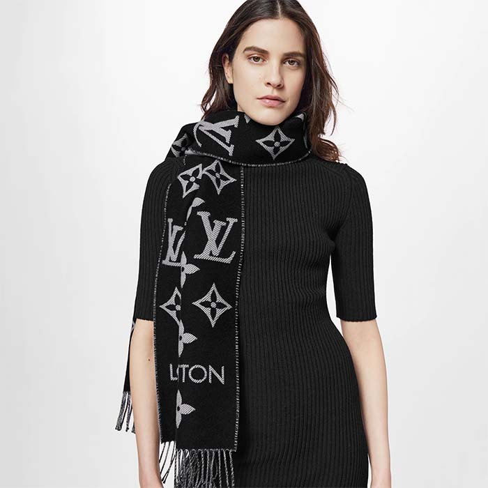 Louis Vuitton LV Unisex Essential Scarf Black Wool Contrasting Monogram Motif Signature