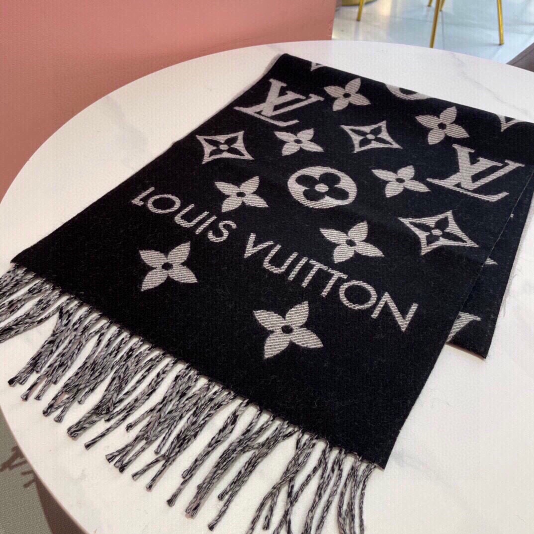 Louis Vuitton LV Unisex Essential Scarf Black Wool Contrasting Monogram Motif Signature