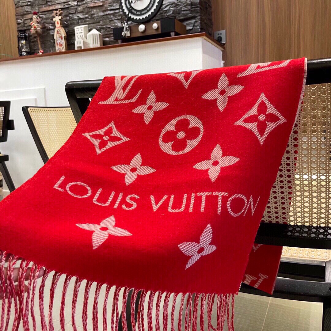 Louis Vuitton LV Unisex Essential Scarf Red Wool Jacquard Weave Monogram Pattern