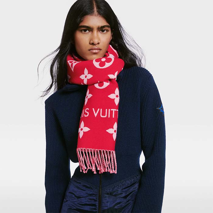Louis Vuitton LV Unisex Essential Scarf Red Wool Jacquard Weave Monogram Pattern