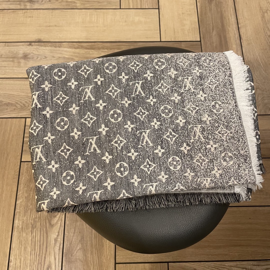 Louis Vuitton LV Unisex Monogram Jacquard Denim Shawl Gray Cotton Wool Silk