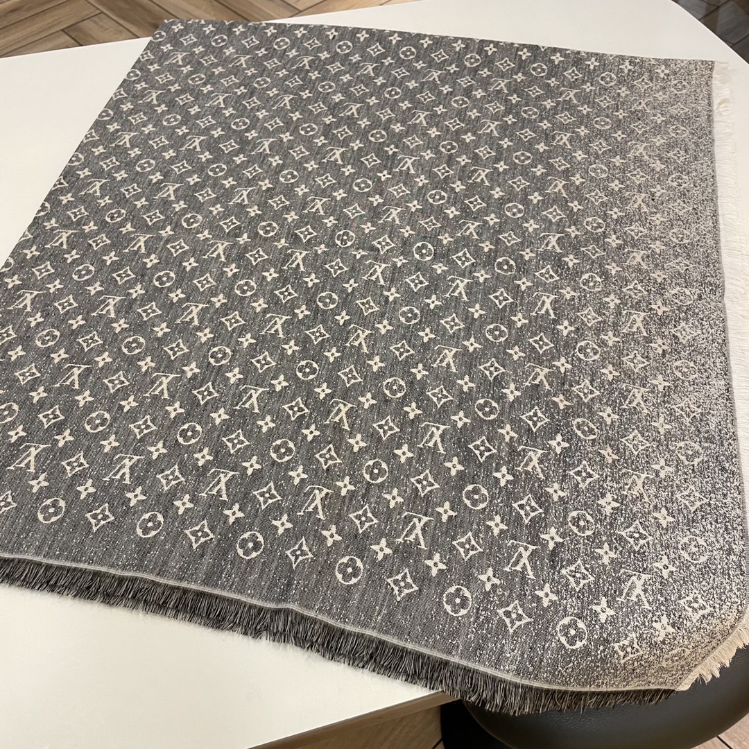 Louis Vuitton LV Unisex Monogram Jacquard Denim Shawl Gray Cotton Wool Silk