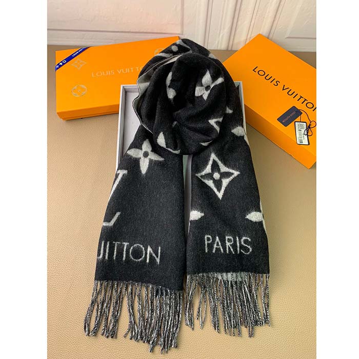 Louis Vuitton LV Unisex Reykjavik Scarf Black Soft Cashmere Monogram Pattern