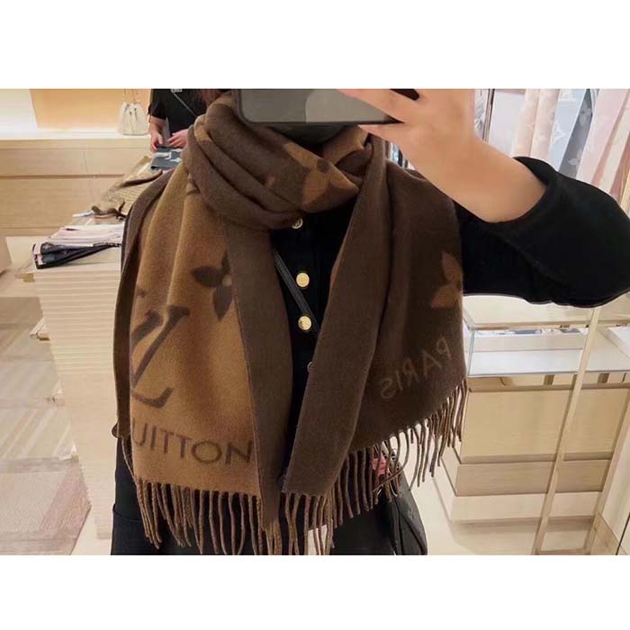 Louis Vuitton LV Unisex Reykjavik Scarf Dark Brown Cashmere Jacquard Weave Oversized Monogram