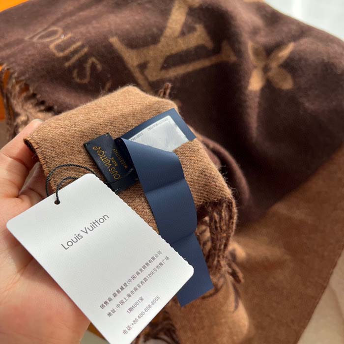 Louis Vuitton LV Unisex Reykjavik Scarf Dark Brown Cashmere Jacquard Weave Oversized Monogram