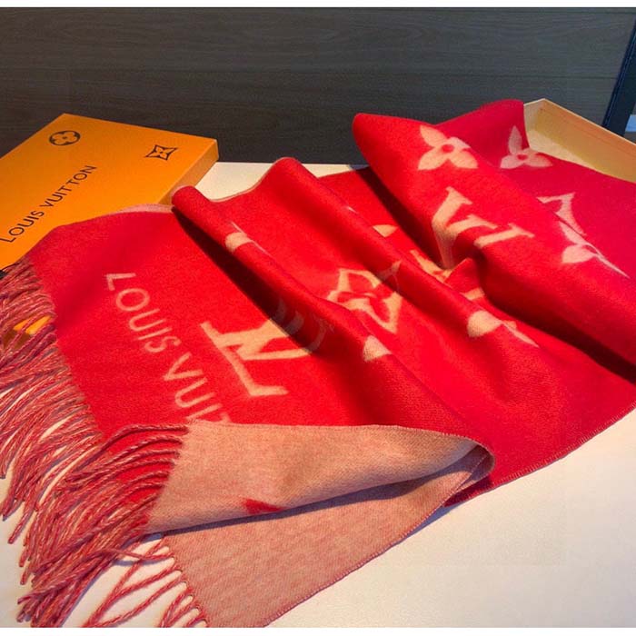 Louis Vuitton LV Unisex Reykjavik Scarf Red Cashmere Jacquard Weave Oversized Monogram Flowers