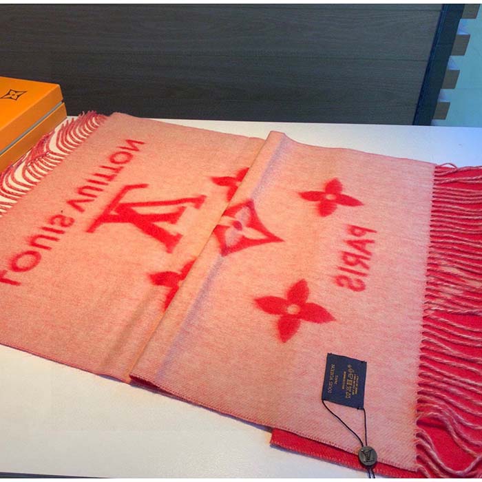 Louis Vuitton LV Unisex Reykjavik Scarf Red Cashmere Jacquard Weave Oversized Monogram Flowers