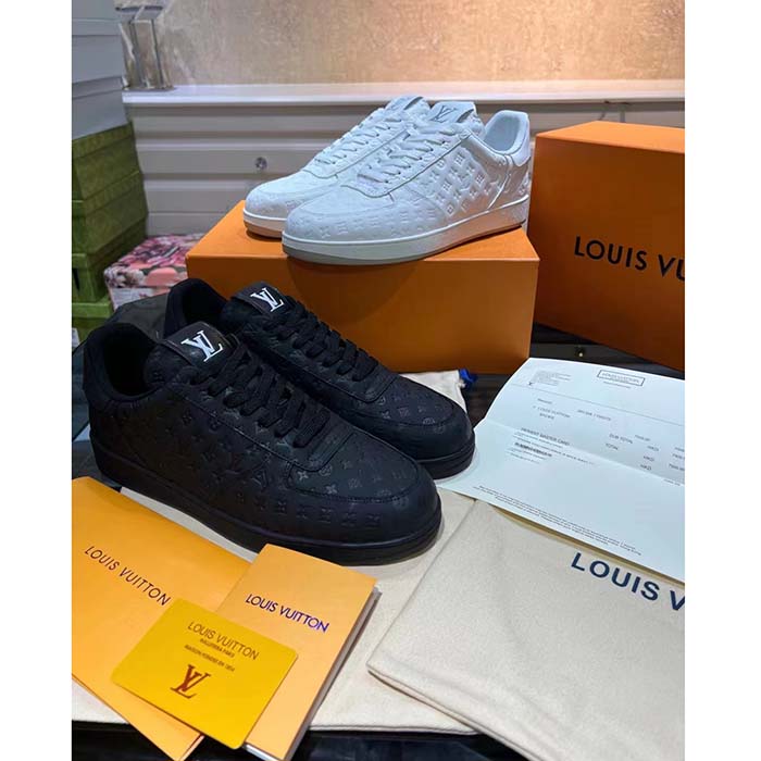 Louis Vuitton LV Unisex Rivoli Sneaker Black Mini Monogram Embossed Calf Leather Rubber